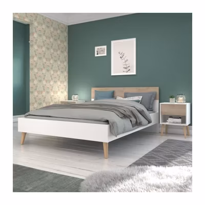Lit adulte – AALBORG – 140 x 190 cm – Blanc / Chene – PARISOT