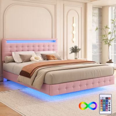 Lit Plat 140x200cm, LED Ambiant, Télécommande, Tête Réglable, Rose