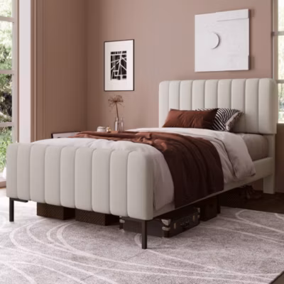 Lit 90×200 cm avec tête de lit réglable, cadre rembourré en lin gris-beige, lattes en pin et pieds métal