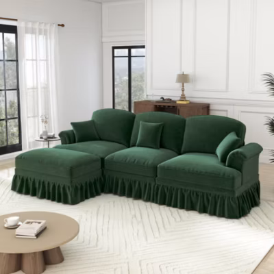 Canapé 3 places modulable en chenille vert, angle convertible avec pouf mobile et jupes amovibles