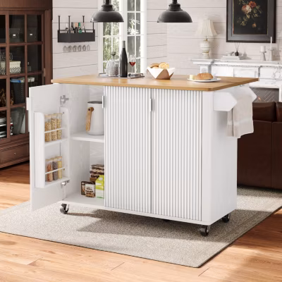 Îlot de Cuisine Extensible – desserte de Cuisine avec 3 Portes et Rangements, Meuble sur Roulettes en MDF, 130×45(75)x92 cm, Blanc