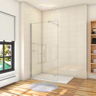 Paroi de douche à l&rsquo;italienne avec 2 étagères en verre – 100 x 190cm – 8mm verre anticalcaire et barre de fixation 90 cm