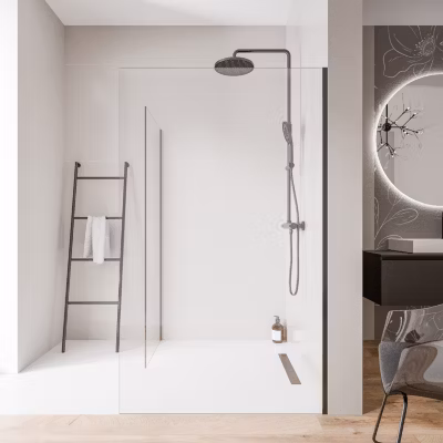 2 Parois de douche italienne d&rsquo;angle 90x200cm + 110cm, verre NANO 10mm, profilé mural inox noir mat, sans profilé sol – EX102