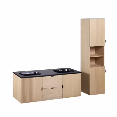 Meuble double vasque 140cm chêne STUDIO suspendu + colonne