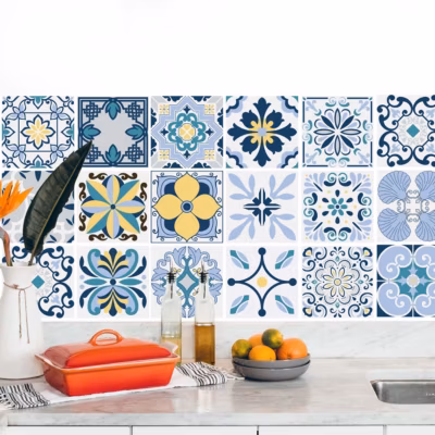 Stickers carrelage carreaux de ciment bleu 20x20cm – Kit de 12