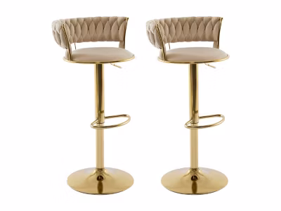 Lot de 2 tabourets de bar en velours et métal doré – Hauteur réglable – Beige – LOMYA