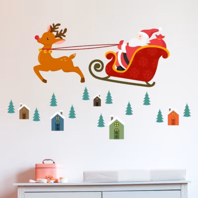 Sticker Noël le Père Noël en plein vol – Autocollants stickers adhésifs noël – décoration fêtes – 80x130cm