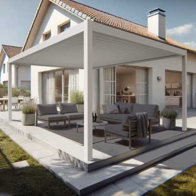 Pergola bioclimatique Xenon II îlot (Vérin à Télécommande + LED 3 côtés – Blanc – 4,50 x 6,093m)