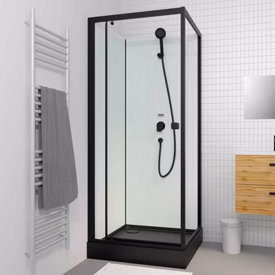 Cabine de douche carrée 80x80x200cm – Porte pivotante – Fonds Blancs – Receveur et Profilés Noirs