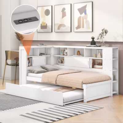 Lit Simple 90x200cm, Canapé-Lit, Lit Escamotable, USB, Rangement, Blanc