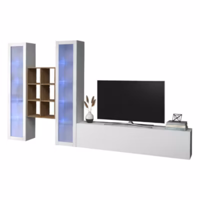 Système mural Eros, meuble TV 3 portes, Meuble de salon polyvalent avec vitrine et lumière LED, 320x30h180 cm, Blanc brillant