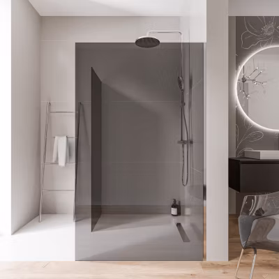 2 Parois de douche italienne d&rsquo;angle 80x200cm + 80cm, verre fumé NANO 10mm, profilé mural inox chrome, sans profilé sol – EX102