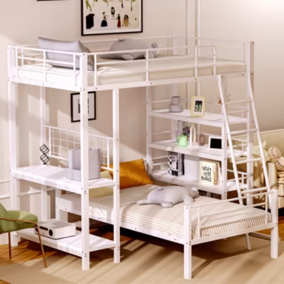 Lit mezzanine 90×200 cm avec sommier à lattes et étagères intégrées, structure métal, gain de place