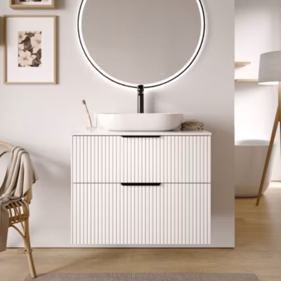 Meuble sous vasque suspendu MDF Blanc mat strié 80x46x62cm, Plan lavabo Noir mat + poignée Chrome – TIM80