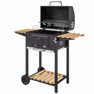 Barbecue charbon de bois avec couvercle 2 roues – hauteur grille réglable, thermomètre, 3 étagères – acier noir bois