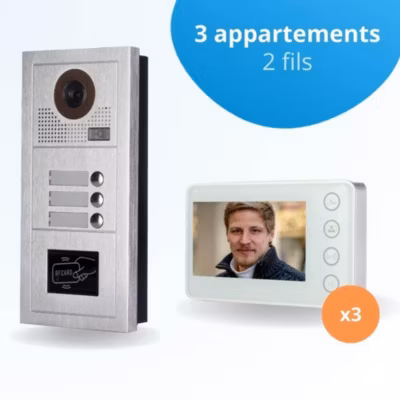 Portier interphone vidéo modern 2 fils – 3 appartements – 3 écrans blancs – avec lecteur de badge