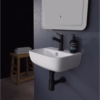 Lave mains en céramique à suspendre 36 cm avec trop plein blanc brillant – Leoni