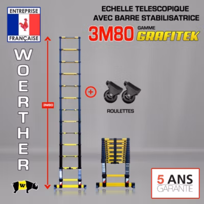 Echelle télescopique 3m80 plus Roulettes , Marque Woerther Num 1 en France, la plus rigide et stable du marché- Garantie 5 ANS