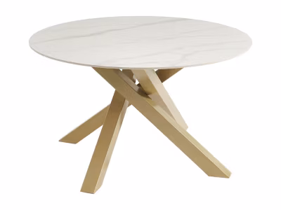 Table à manger ronde 4 personnes en céramique et métal doré – Effet marbre blanc – LENUMIA