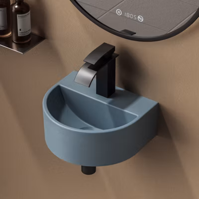 EMKE Lavabo Compacte de Salle de Bain 303x255x120 mm, Mini Vasque en Céramique, Forme de U, Montage mural, Bleu Gris Clair Mat