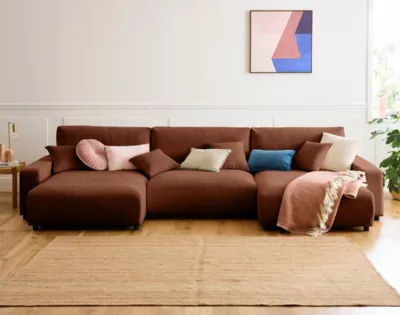 Pivoine – canapé panoramique en U – 7 places – convertible avec coffre – en velours texturé – Lisa Design