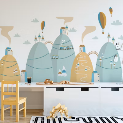 Stickers montagnes scandinaves montgolfières ballons du ciel 60 x 90 cm
