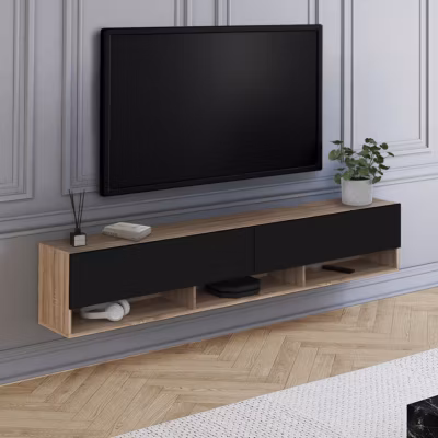 Meuble TV 180 cm suspendu ELIO 2 portes avec étagère bois et noir