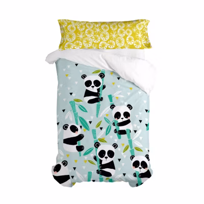Parure housse de couette 2 pièces Panda garden blue 100% Coton Happyfriday