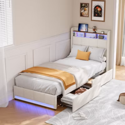 Lit 90 x 200 cm en lin beige avec tête et pied de lit lumineux, rangement intégré, USB et Type-C, 2 tiroirs