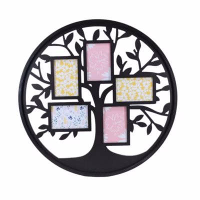 Cadre photos noir 5 vues rond arbre de vie 60cm