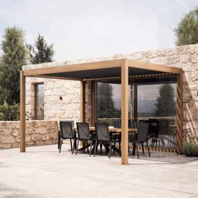 Pergola bioclimatique autoportée et motorisée éclairée 3x4m bois gris  Oviala