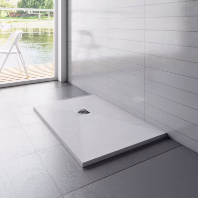 Receveur de Douche Ultra-plat 90x140x3 cm – Pente Vers Bonde – Antidérapant avec une grille en inox et Tuyau de bonde
