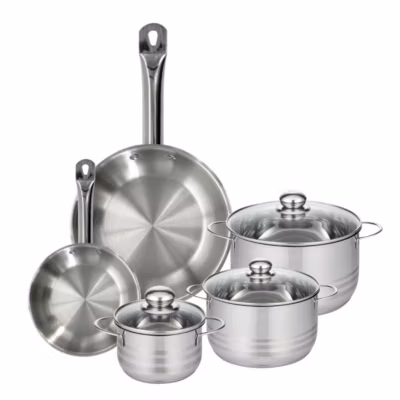 Batterie de cuisine avec 2 poêles 24/28 cm et 3 faitouts 16/20/24 cm en inox sans PFAS Fackelmann Eterna Brillant