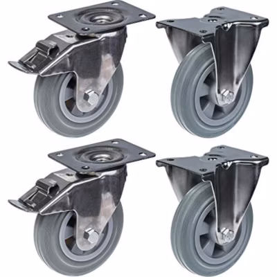 160mm 6&Prime; roulettes en acier inoxydable caoutchouc gris, frein & fixe, 540kg, jeu de 4