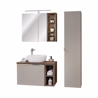 Ensemble VANTA taupe : meubles sous vasque 80cm et vasque à poser et meubles de rangement et miroirs et LED