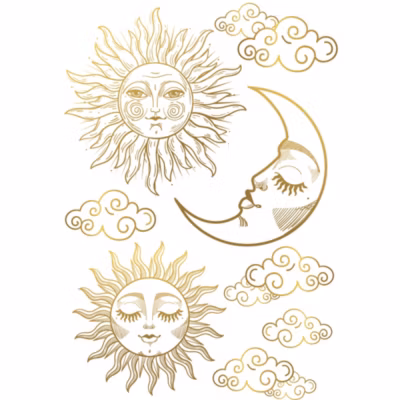 Sticker Mural Décoratif Doré Soleil et Lune Nuages, 68 cm X 48 cm, Illustration Mystique, Décoration Murale Originale et Unique.