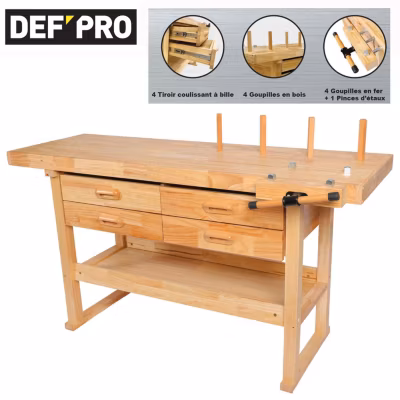 Établi de travail en bois 152 cm support 200 kg – 4 tiroirs – étau intégré et piges de blocage