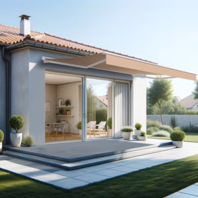 Store banne semi-coffre SARARI 5,00×3,00m (Motorisé à télécommande + manœuvre de secours – Taupe – Blanc)