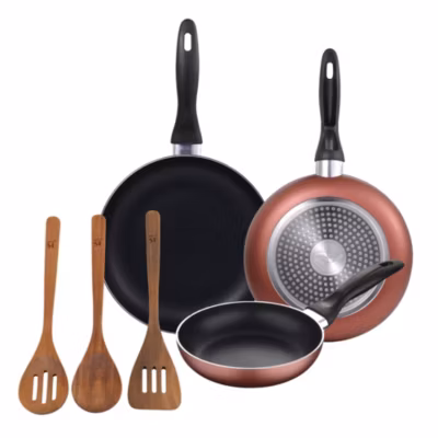 Ensemble de 3 poeles a frire San Ignacio Navy Red Marble 16-20-24cm avec ustensiles de cuisine