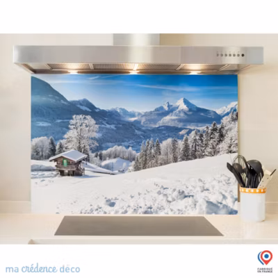 Crédence cuisine fond de hotte Montagnes enneigées – Verre trempé – L 60 cm x H 45 cm – MaCrédenceDéco