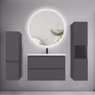 Ensemble meuble anthracite et lavabo L.80cm 2 tiroirs + colonne x2 haut + lavabo + miroir 60x60cm-suspendu