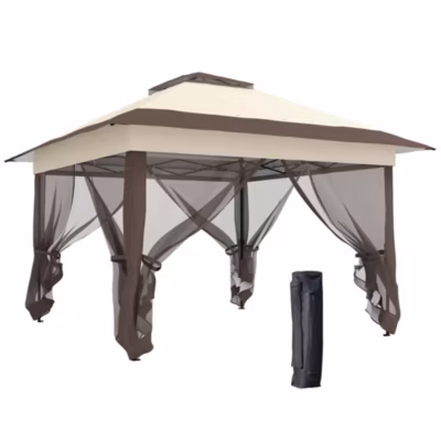 Tonnelle carre 364×364 OUTSUNNY mat en acier toile en polyester beige sac de transport