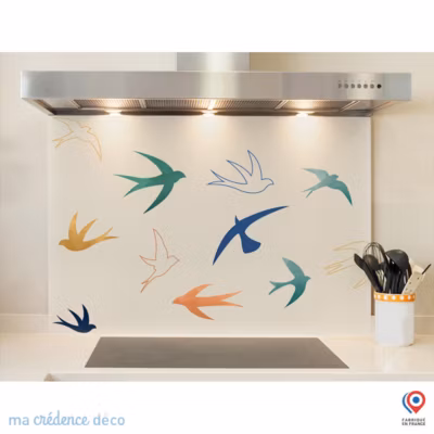 Crédence cuisine fond de hotte Oiseaux aquarelles – Verre trempé – L 90 cm x H 50 cm – MaCrédenceDéco