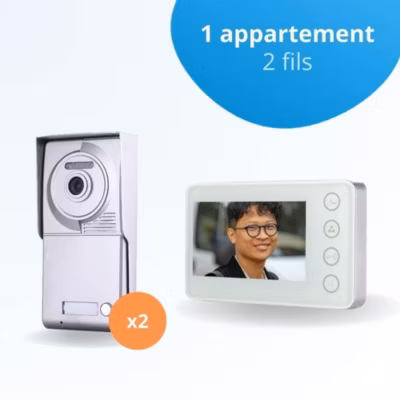 Portier interphone vidéo neo 2 fils pour 2 entrées – 1 appartement – 2 platines – 1 écran blanc