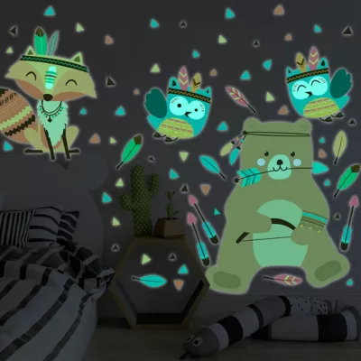 Sticker phosphorescent lumineux – OURSON ET LES ANIMAUX INDIENS – Autocollant mural plafond enfant fluorescent – 95x70cm