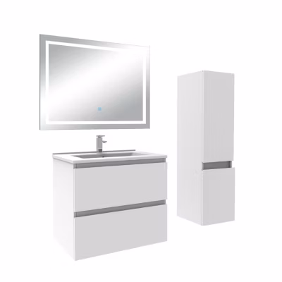 Ensemble meuble salle de Bain 60cm simple vasque avec colonne et miroir 3 couleurs blanc