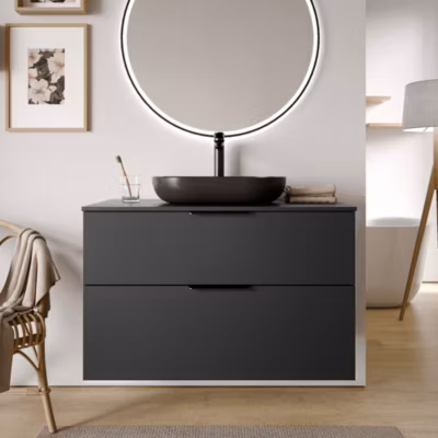 Meuble sous vasque suspendu MDF Noir mat 100x46x62cm, Plan lavabo Blanc mat + 2 tiroirs poignée Chrome – TIM100