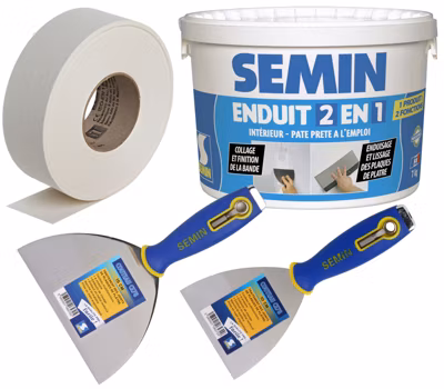 Bande Joint pour Plaques de Plâtre Semin – 75 m, Enduit 2 en 1 Multifonctions – Seau de 7 kg, Couteaux à Enduire 10 cm et 15 cm