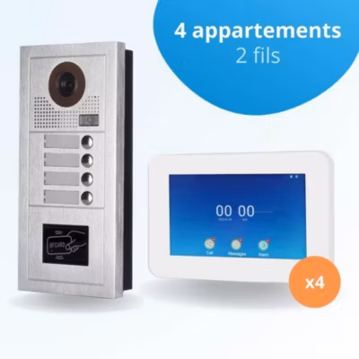 Portier interphone vidéo modern 2 fils – 4 appartements – 4 écrans tactiles connectés 7&Prime; blanc – avec lecteur de badge