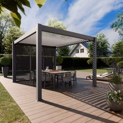 Pergola Bioclimatique Autoportée 12m² – 3x4m Trois Panneaux Vénitiens – Anthracite – Lames Inclinables à 120 degrés – ECLIPSE